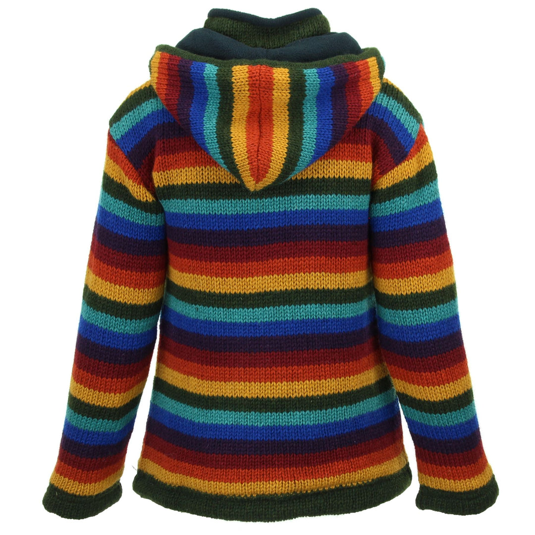 Hand Knitted Wool Hooded Jacket Cardigan Ladies Cut - Stripe Dark Rainbow