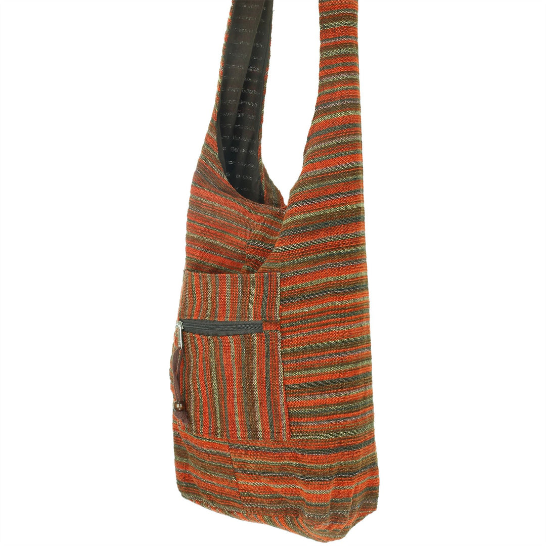 Striped Chenille Sling Shoulder Bag - Red Brown
