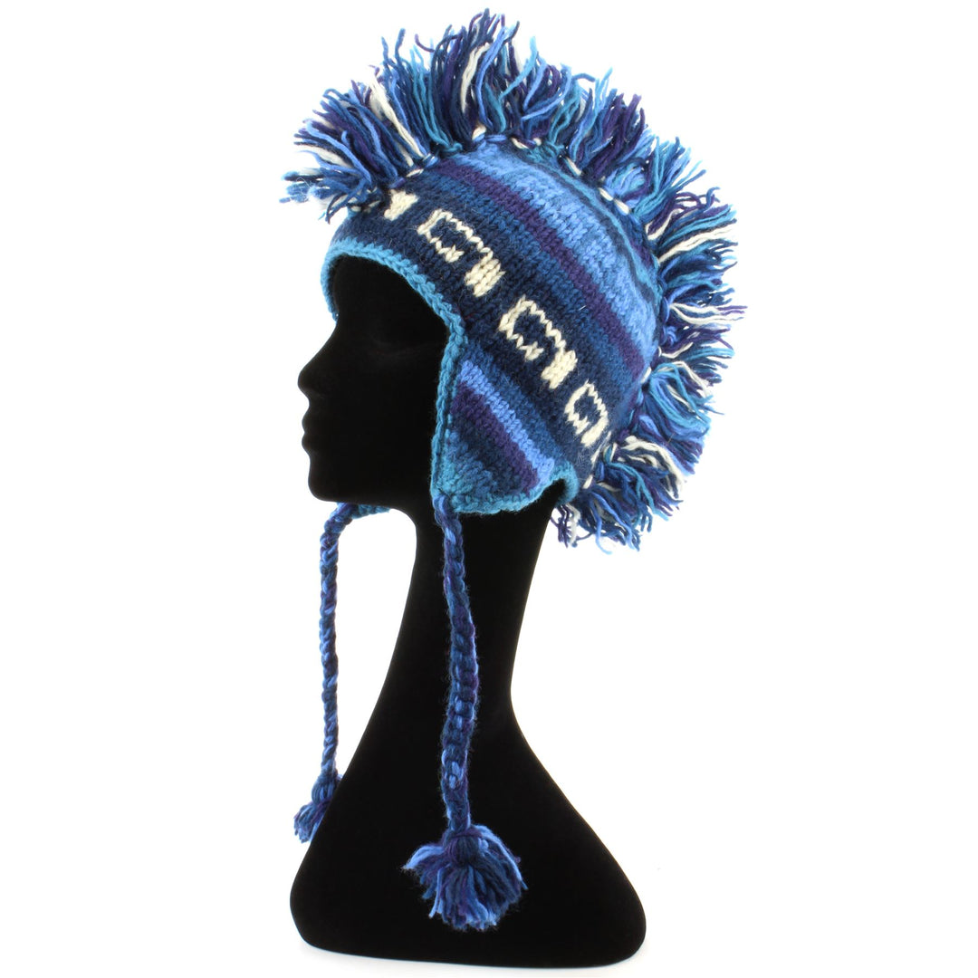 Wool Knit 'Punk' Mohawk Earflap Beanie Hat - Blue & White (Adult)