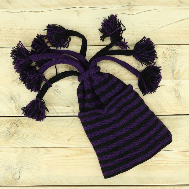 Hand Knitted Beanie Fountain Tassel Hat - Stripe Purple Black