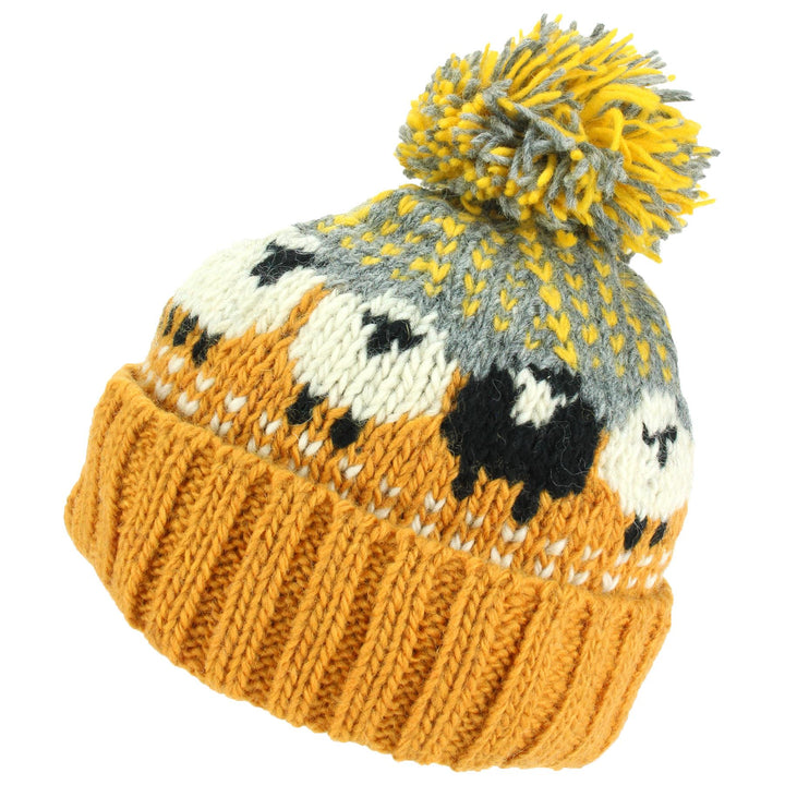 Wool Knit Bobble Beanie Hat - Sheep - Orange