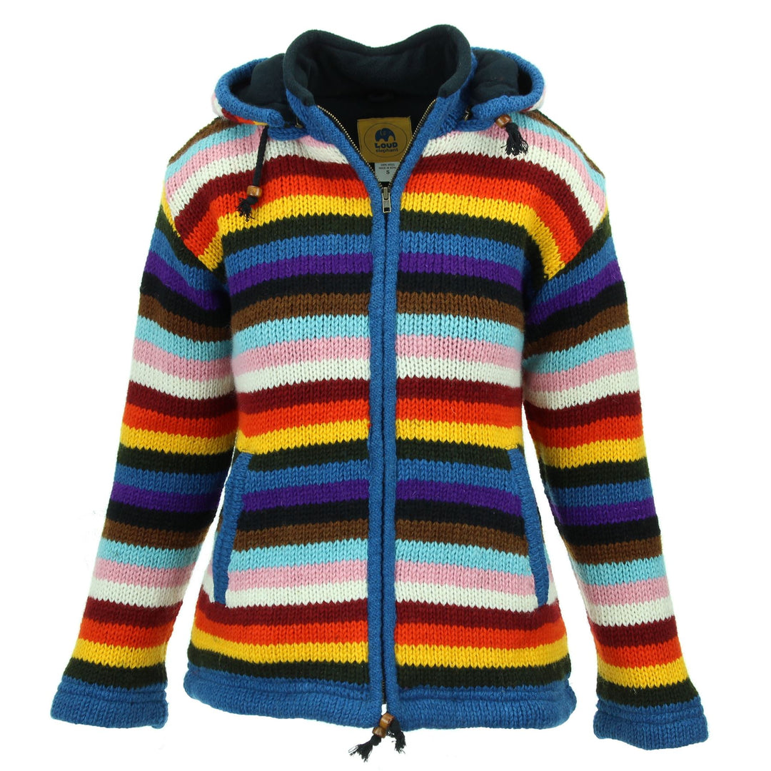 Hand Knitted Wool Hooded Jacket Cardigan Ladies Cut - Stripe Progress Rainbow