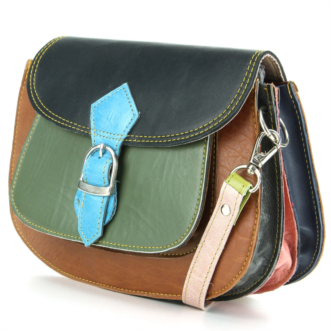 Real Leather Colourful Messenger Shoulder Bag - Green Mix