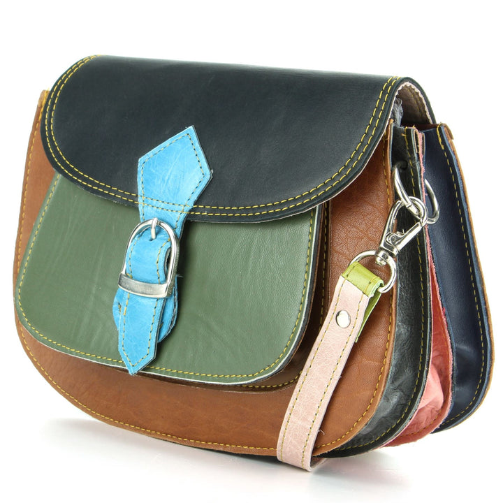 Real Leather Colourful Messenger Shoulder Bag - Green Mix