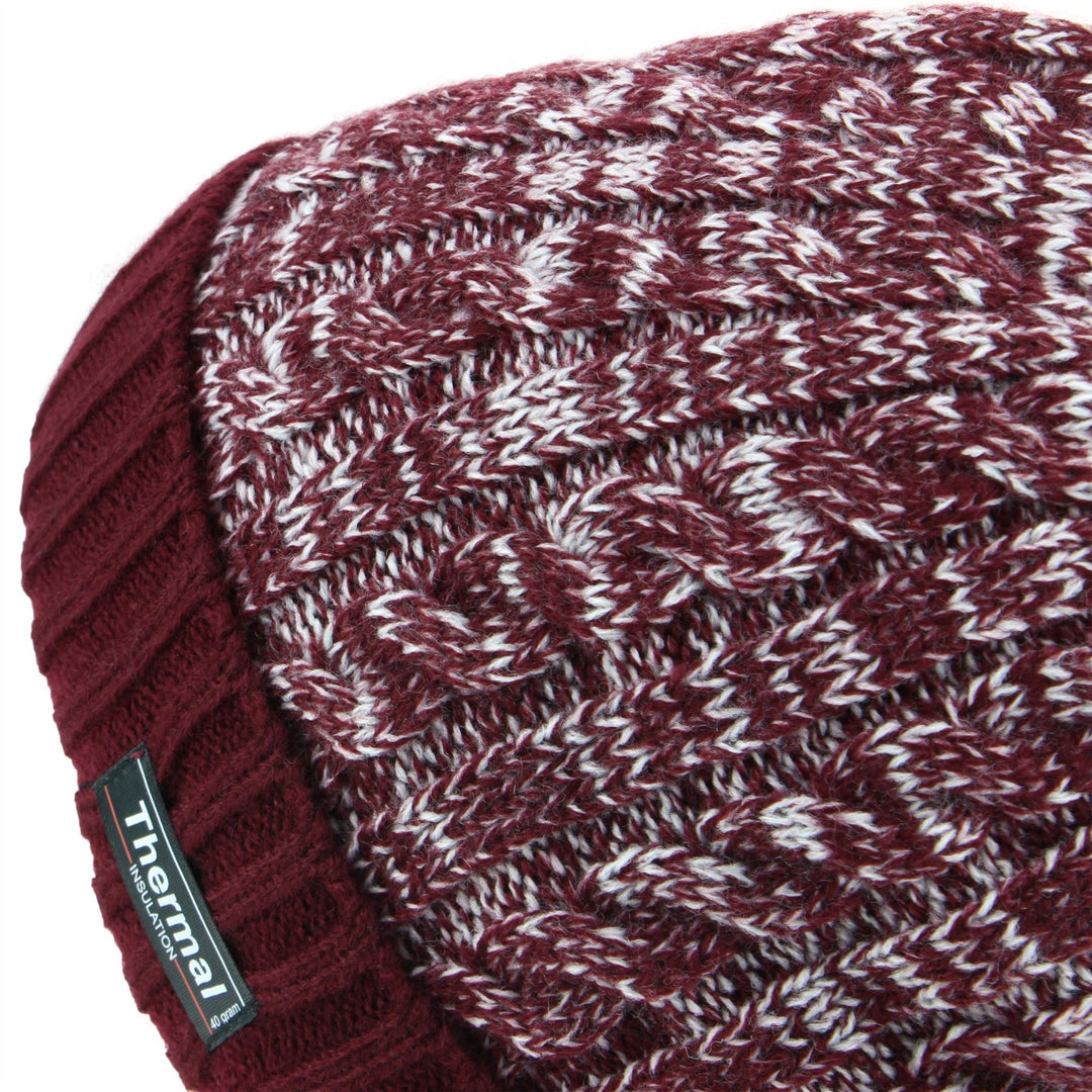 Cable Knit Marl Beanie Hat with Turn-up - Maroon
