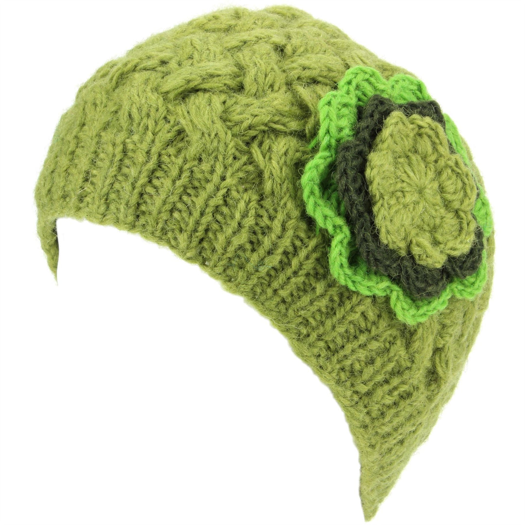 Ladies Wool Cable Knit Beanie Hat with Contrast Flower - Green