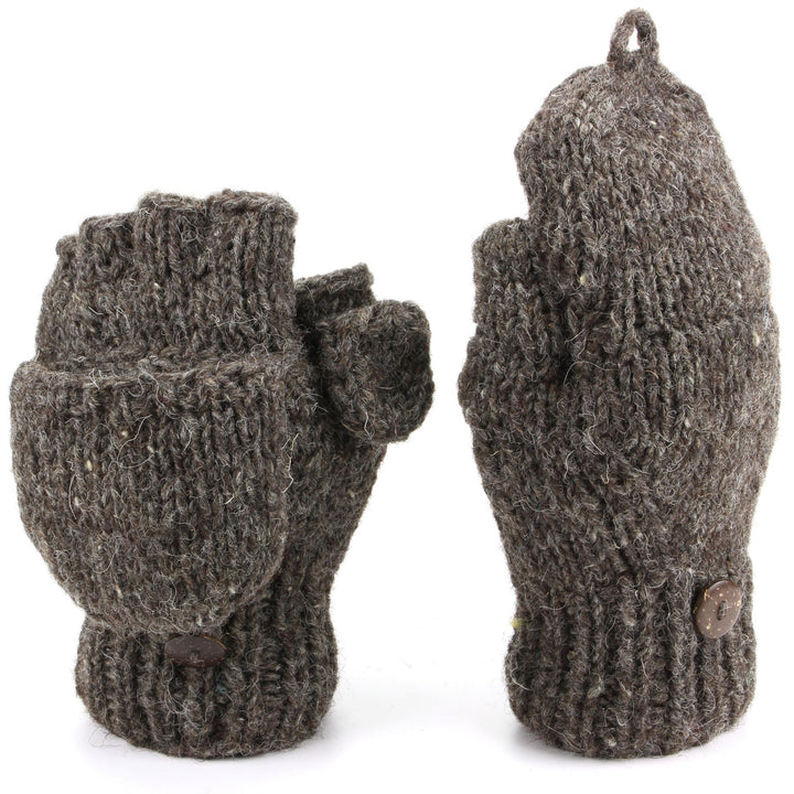 Chunky Wool Knit Fingerless Shooter Gloves - Plain - Oatmeal