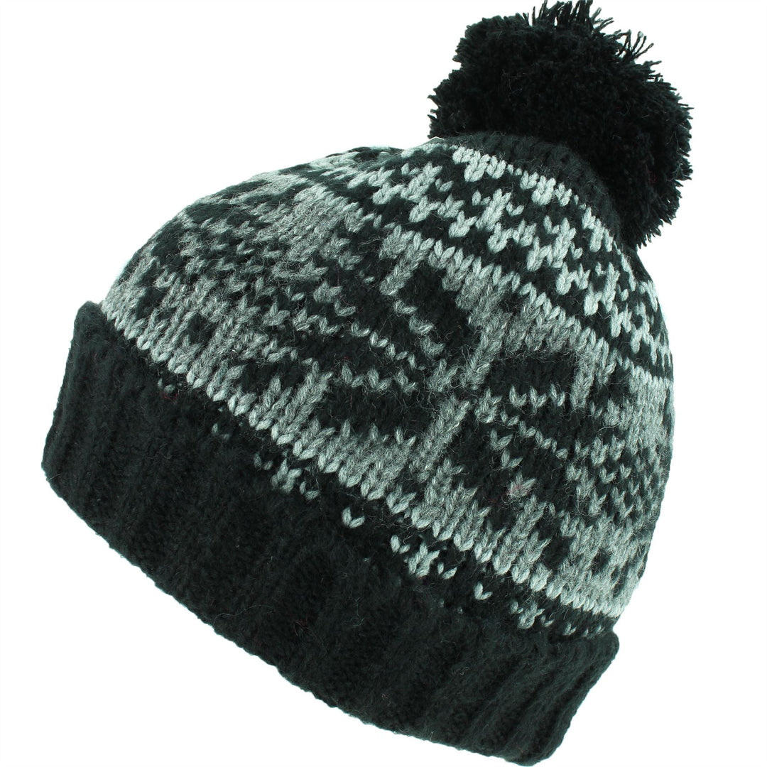 Chunky Knit Slouch Beanie Bobble Hat with Fairisle Pattern - Black