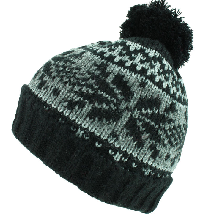 Chunky Knit Slouch Beanie Bobble Hat with Fairisle Pattern - Black