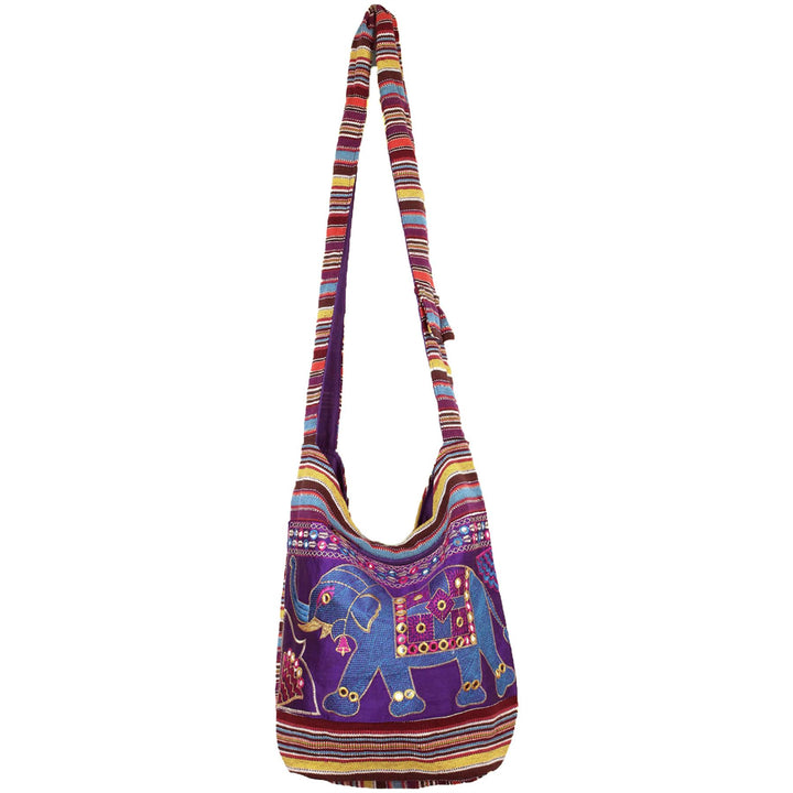 Embroidered Elephant Canvas Sling Shoulder Bag - Purple