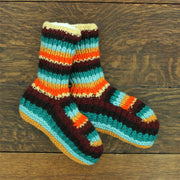 Hand Knitted Wool Slipper Socks - Stripe Retro D