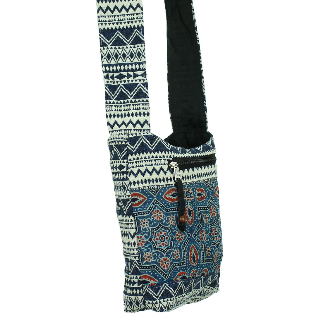 Cotton Canvas Sling Shoulder Bag - Ethnic Blue