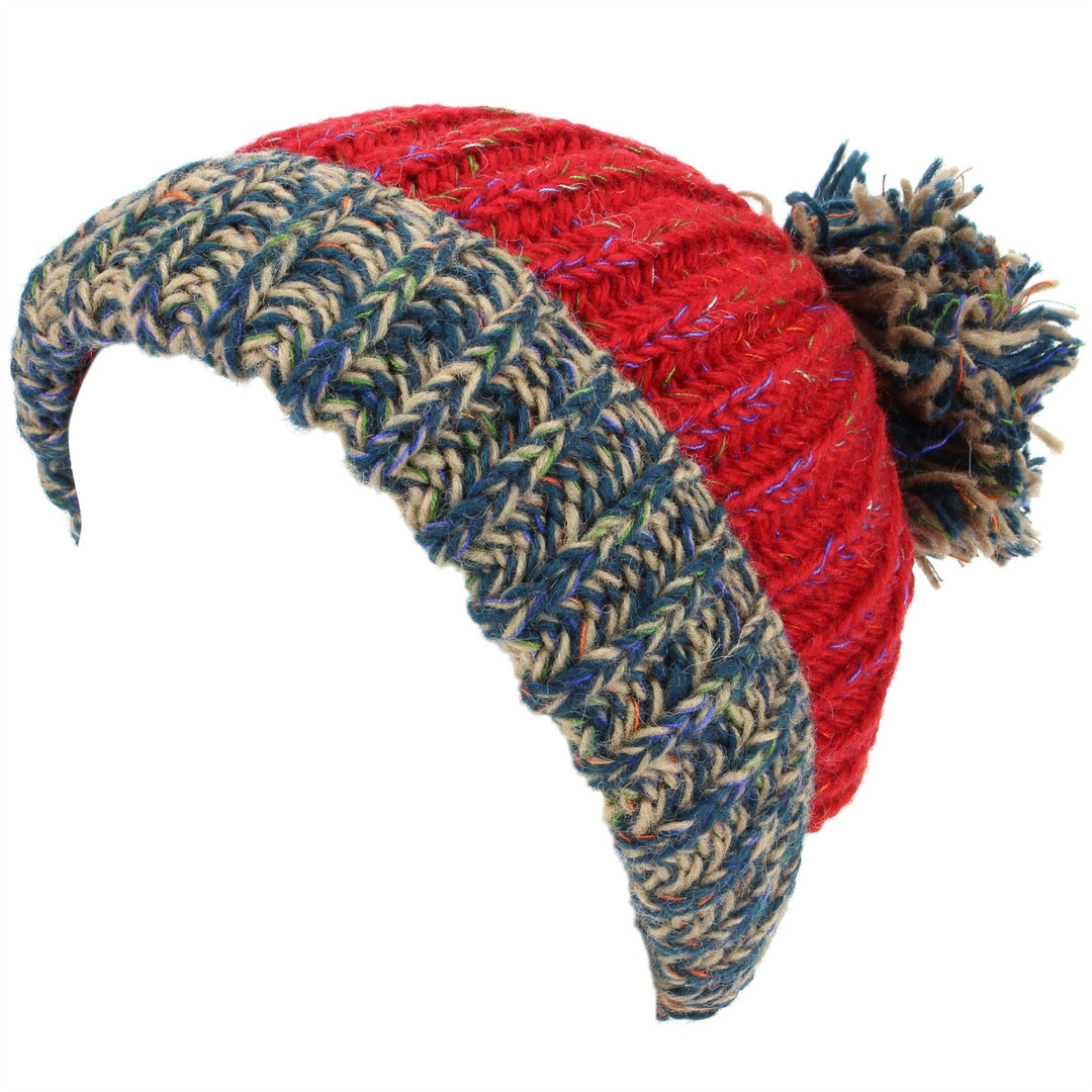Wool Knit Beanie Bobble Hat - Red Grey