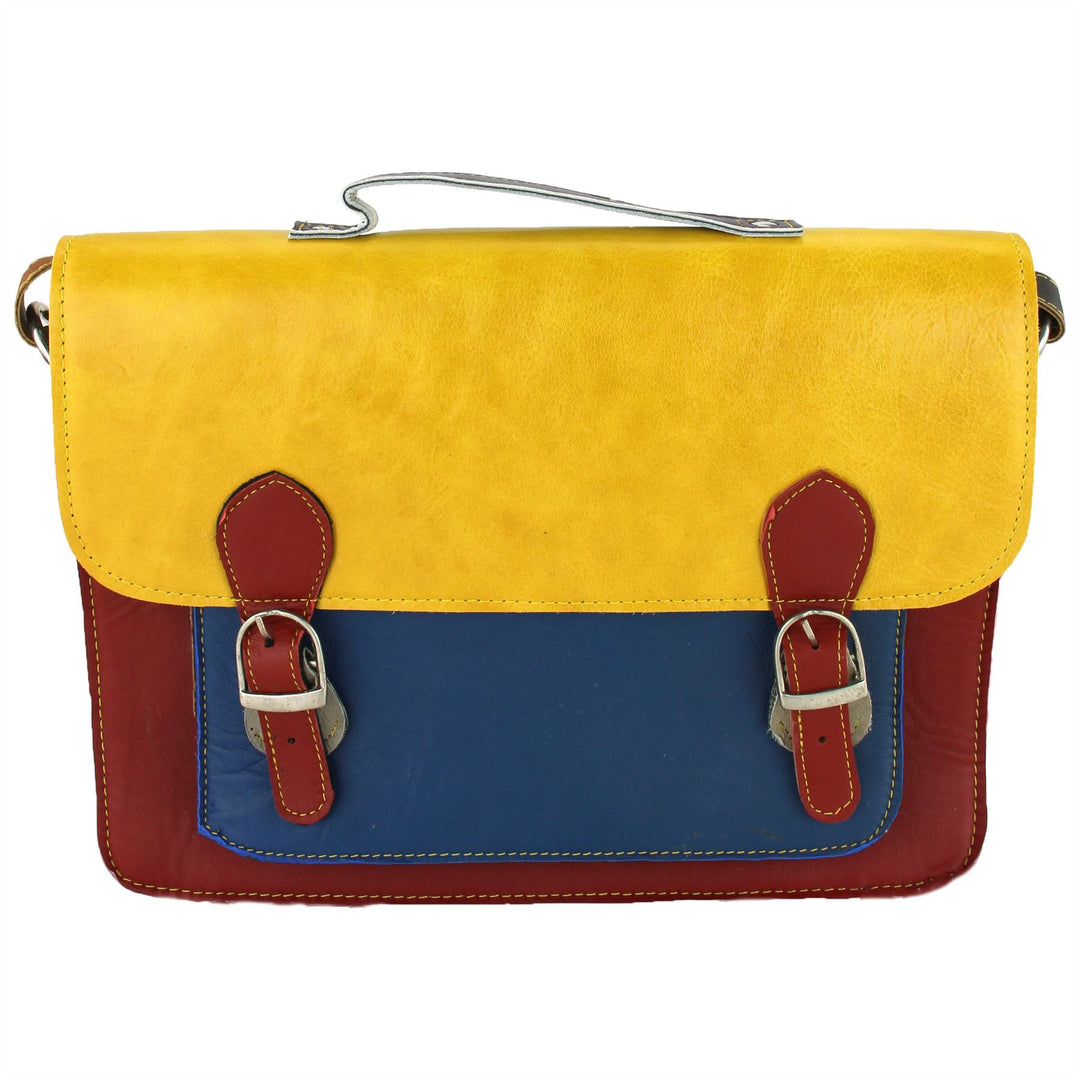 Real Leather Colourful Satchel Messenger Shoulder Bag - Yellow & Blue Mix