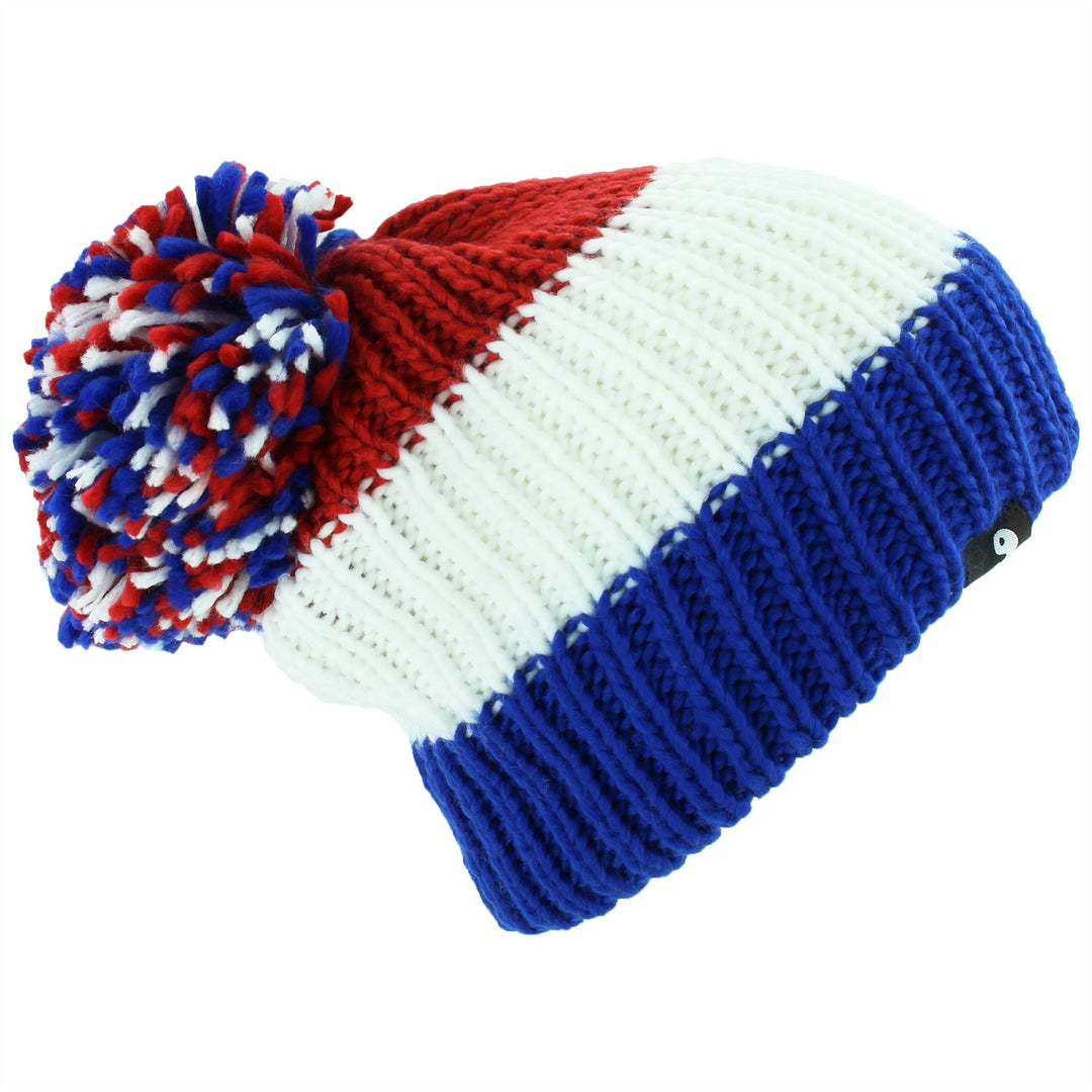 Chunky Acrylic Knit Beanie Hat with a MASSIVE Bobble - Blue, White & Red