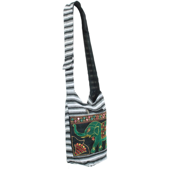 Embroidered Elephant Canvas Sling Shoulder Bag - Black White