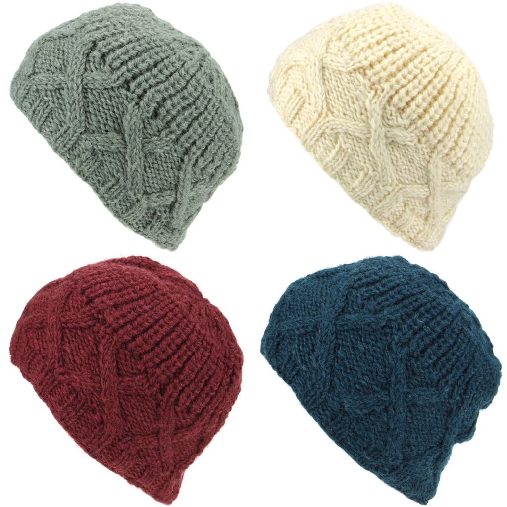 Wool Beanie Hat with Chunky Cross Cable Knit Design