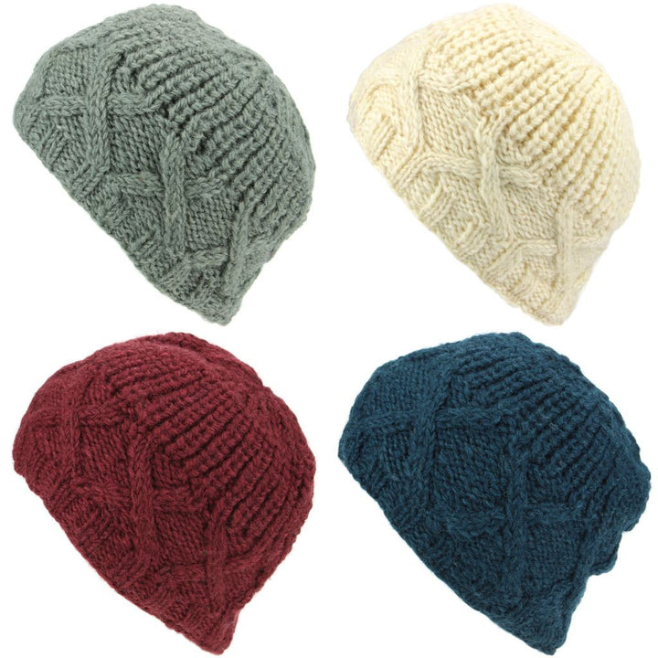 Wool Beanie Hat with Chunky Cross Cable Knit Design