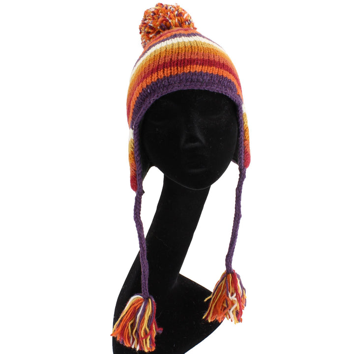 Wool Knit Earflap Bobble Hat - Stripe Orange Rust