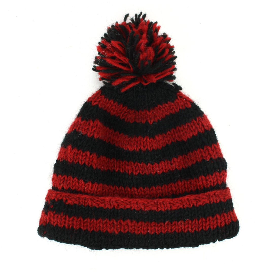 Chunky Wool Knit Beanie Bobble Hat - Stripe Red Black