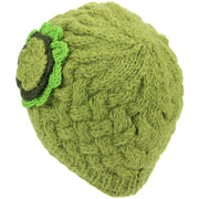 Ladies Wool Cable Knit Beanie Hat with Contrast Flower - Green