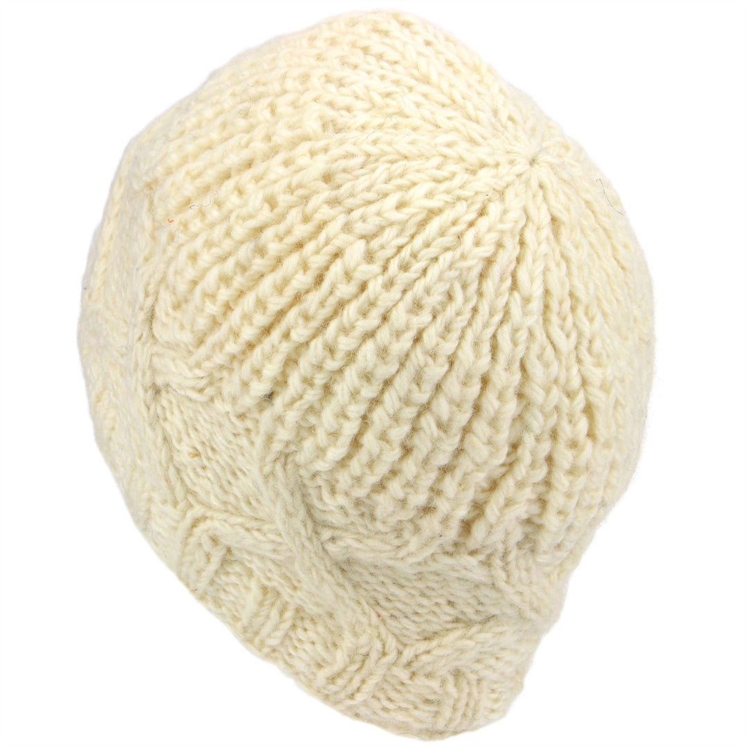 Wool Beanie Hat with Chunky Cross Cable Knit Design