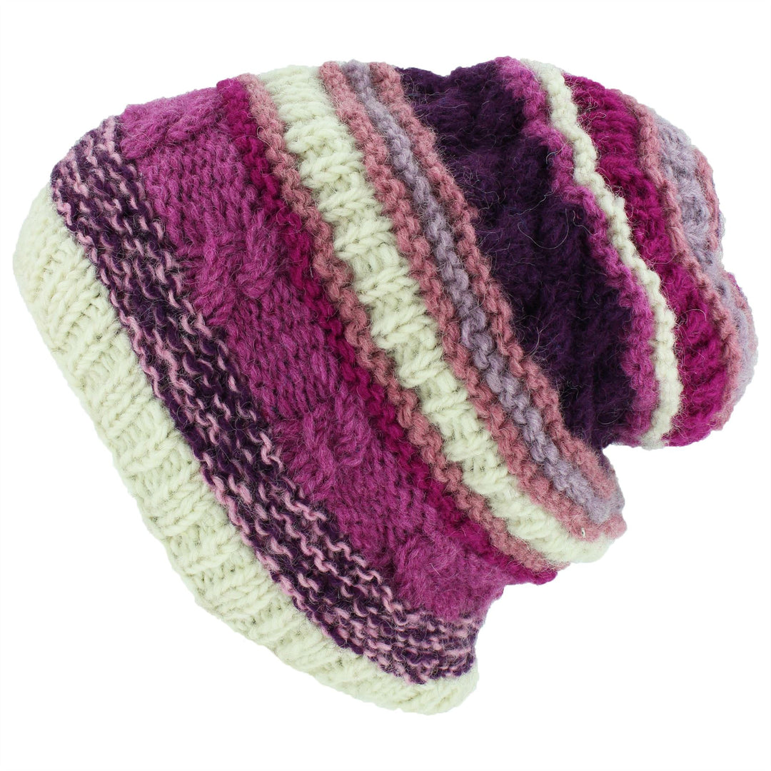 Wool Knit Beanie Hat - Stripe Pink