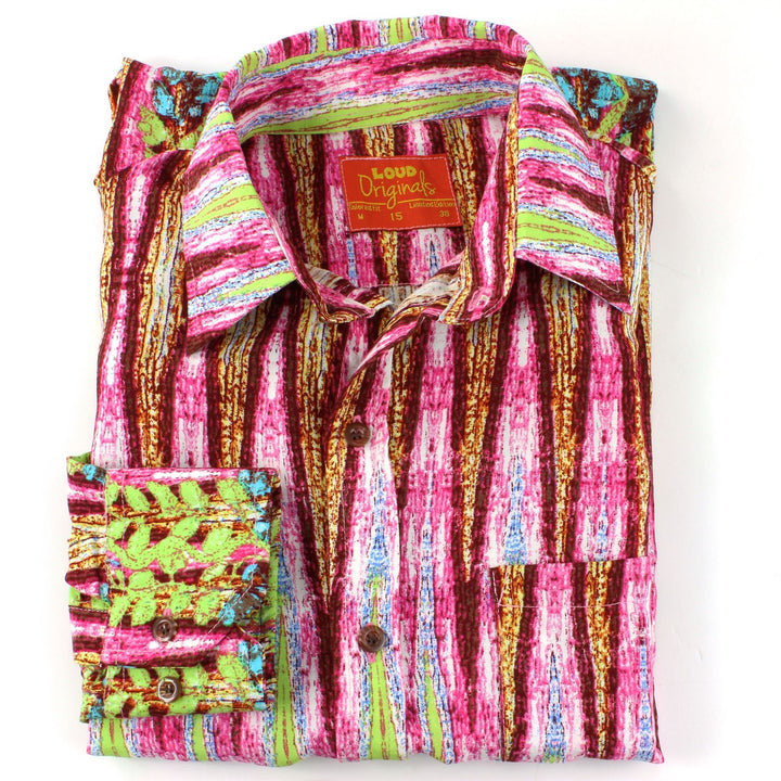 Tailored Fit Long Sleeve Shirt - Red Pink & Green Abstract Print