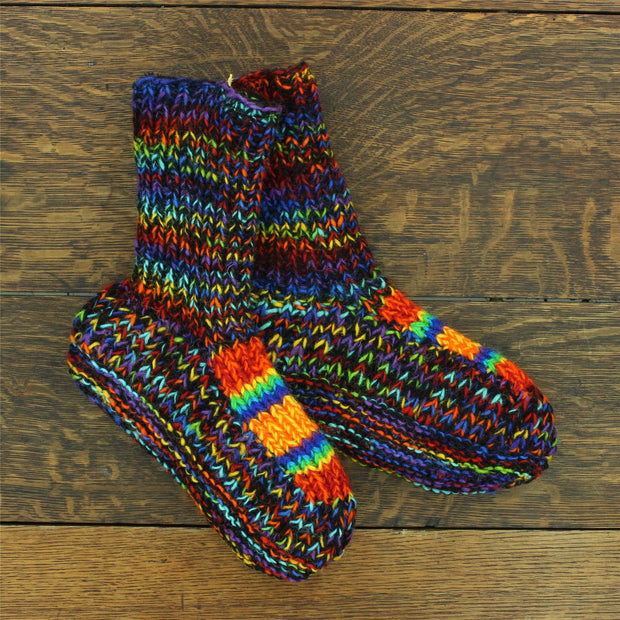 Hand Knitted Wool Slipper Socks - SD Black Rainbow Orange