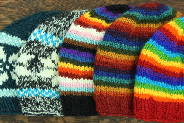 Hand Knitted Wool Beanie Hat - Stripe Bright Rainbow