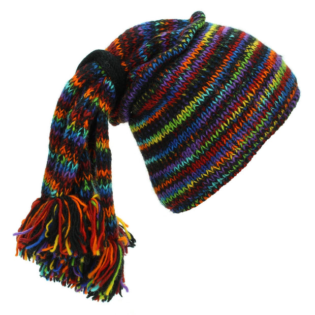 Hand Knitted Beanie Fountain Tassel Hat - SD Black Rainbow