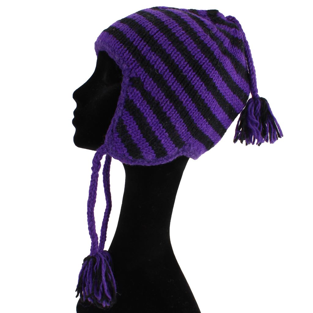 Wool Knit Earflap Tassel Hat - Stripe Purple Black