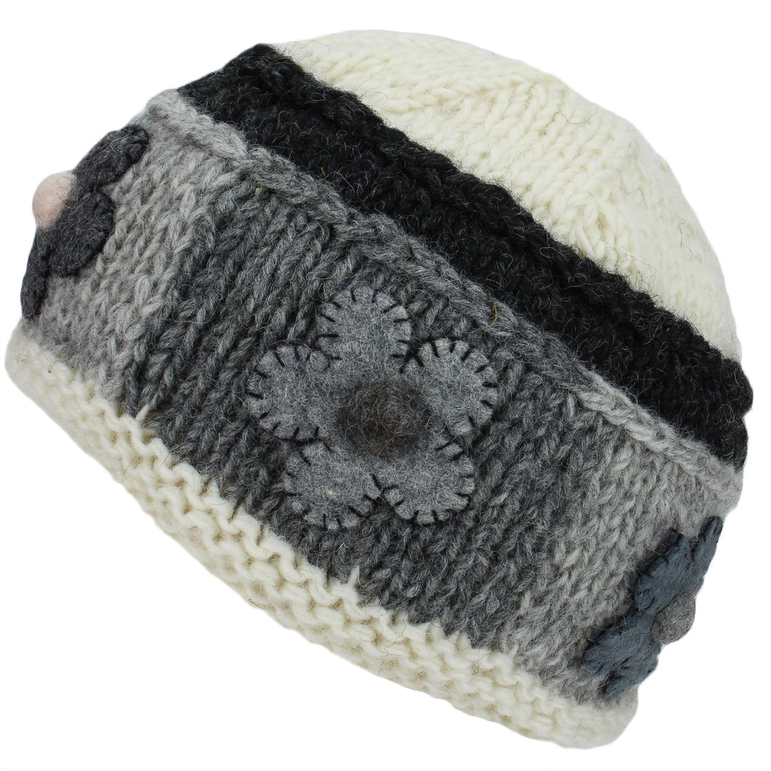 Ladies Wool Knit Beanie Hat with Flower Patch Design - Off White