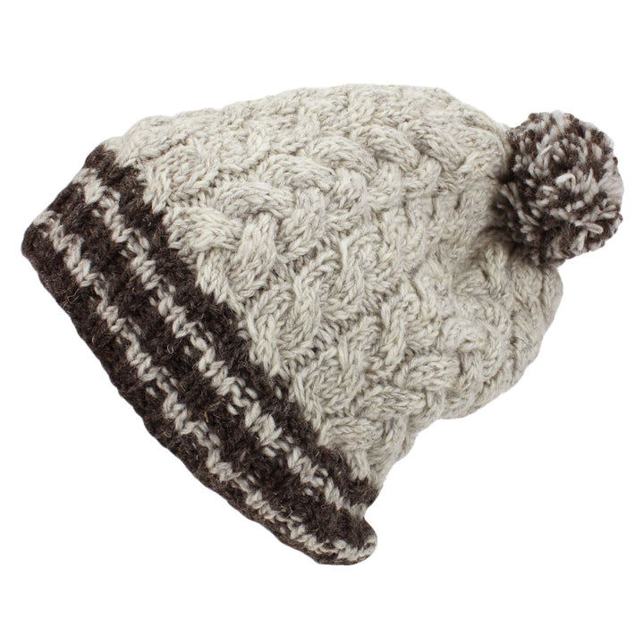 Chunky Wool Cable Knit Big Baggy Slouch Beanie Bobble Hat with Striped Brim - Off White