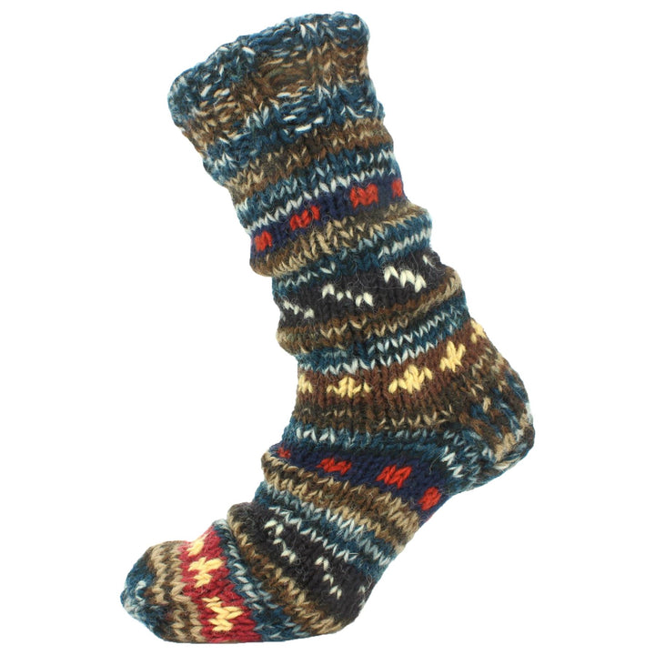 Chunky Wool Knit Abstract Pattern Fleece Lined Socks - 17 Blue Brown