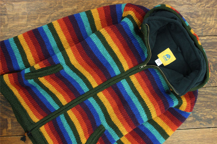 Hand Knitted Wool Hooded Jacket Cardigan - Stripe Dark Rainbow
