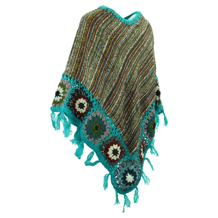Granny Squares Crochet Poncho Long - Brown Multi/Turquoise