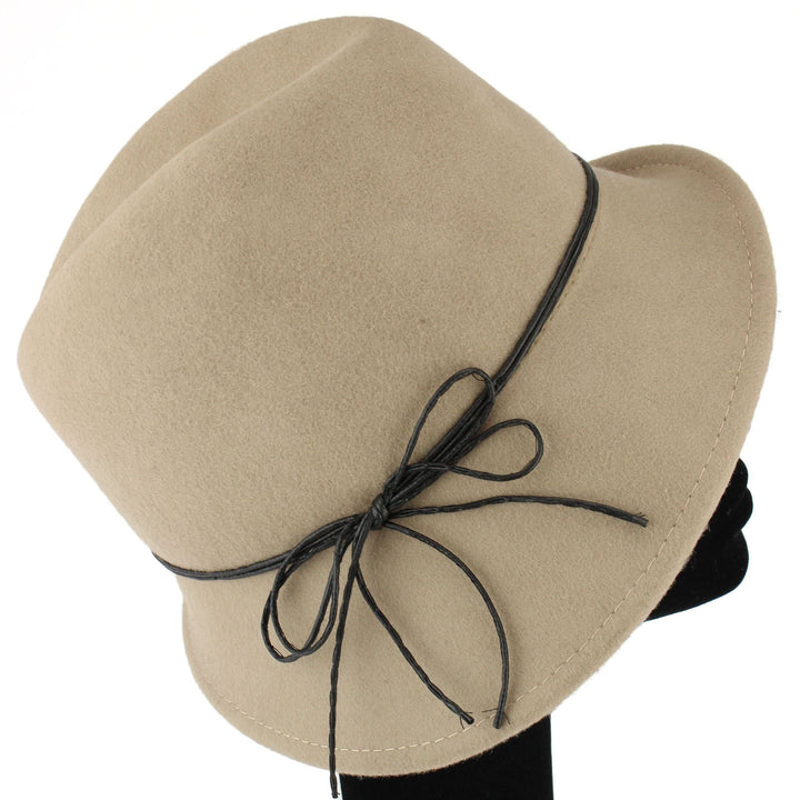 100% Wool felt asymmetric brim trilby hat with cord band - Beige (57cm)