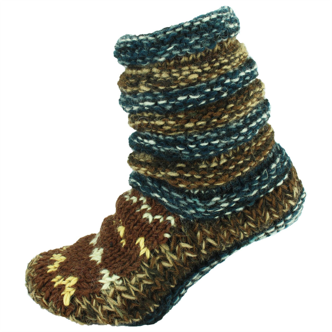 Chunky Wool Knit Abstract Pattern Slipper Socks - 17 Blue Brown