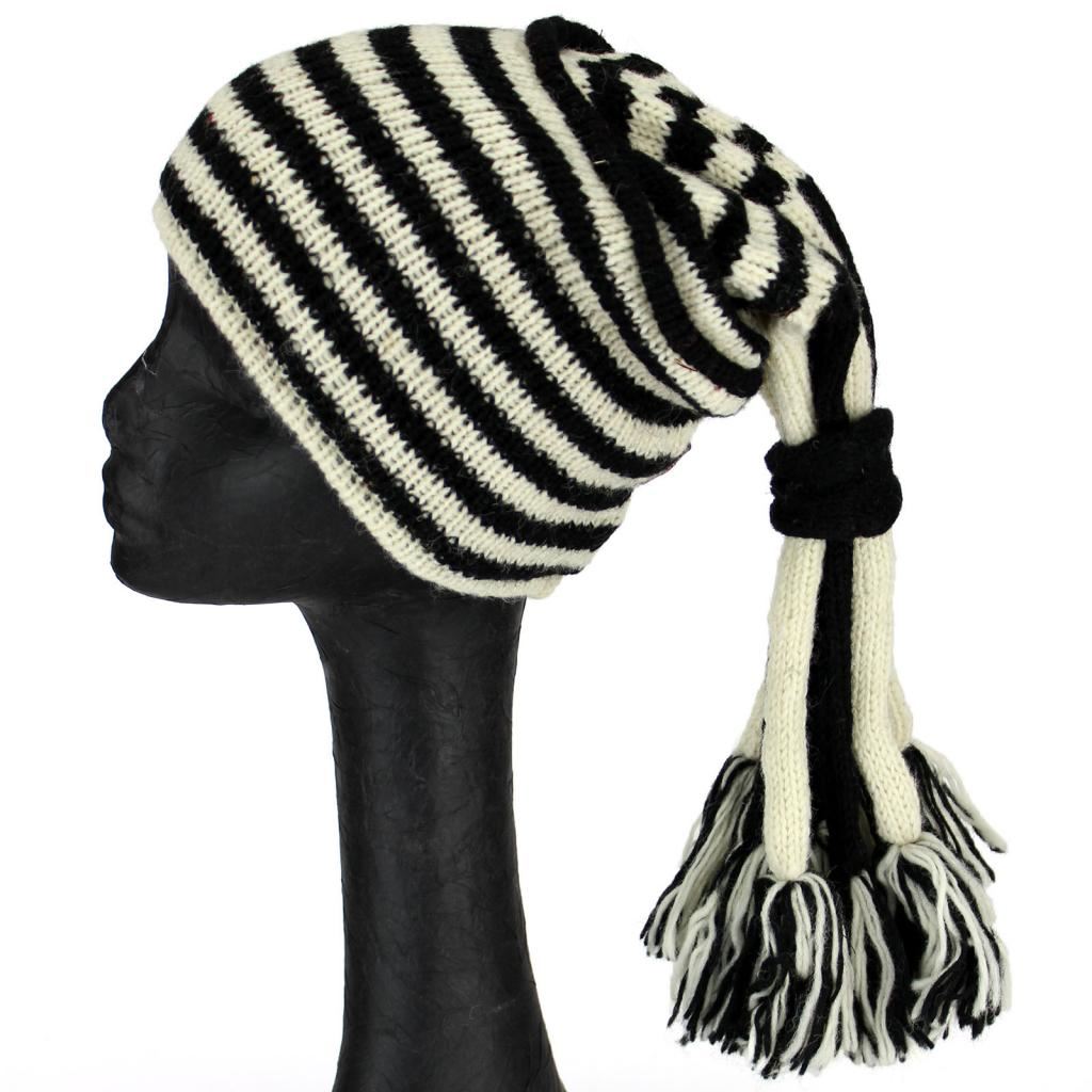 Wool Knit 'Fountain' Tassels Beanie Hat - Cream & Black