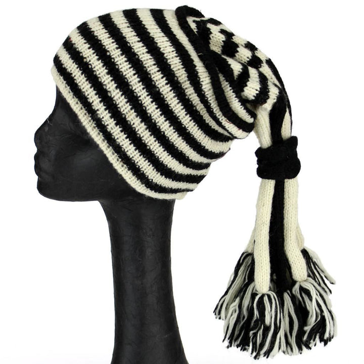 Wool Knit 'Fountain' Tassels Beanie Hat - Cream & Black