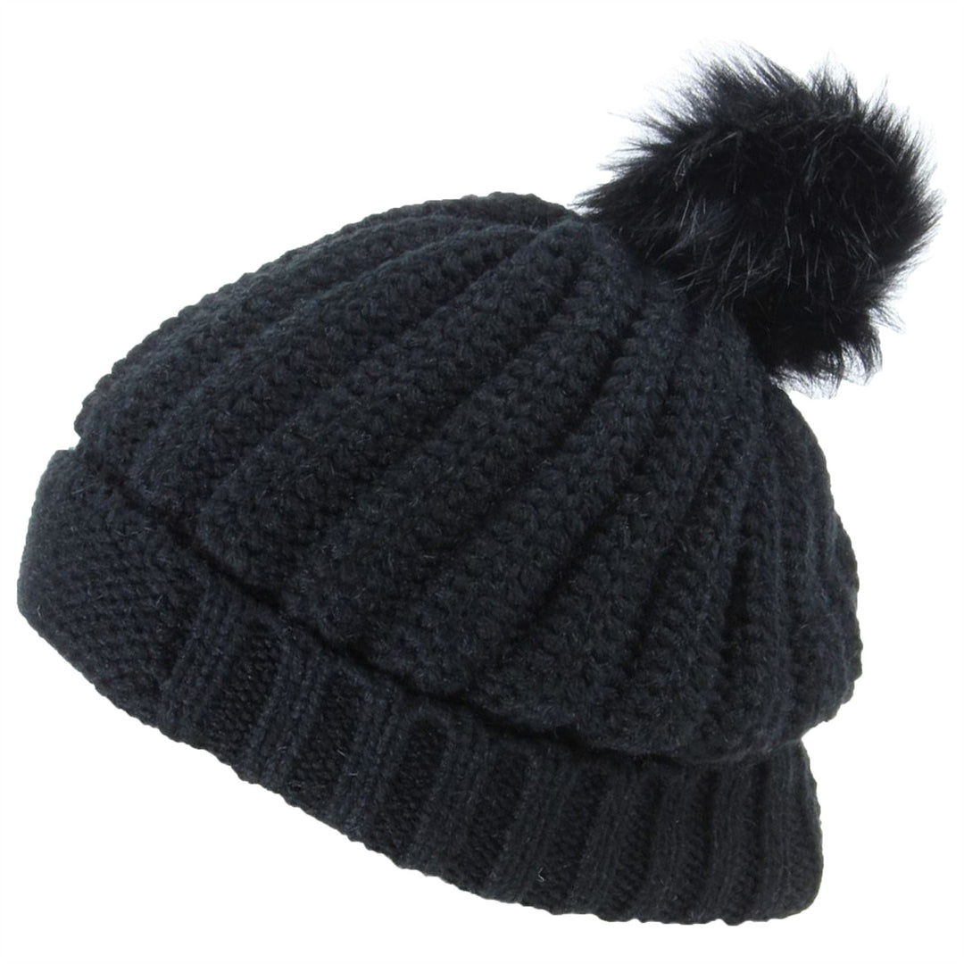 Chunky Knit Beanie Hat with Thick Fleece Lining and Faux Fur Bobble - Black