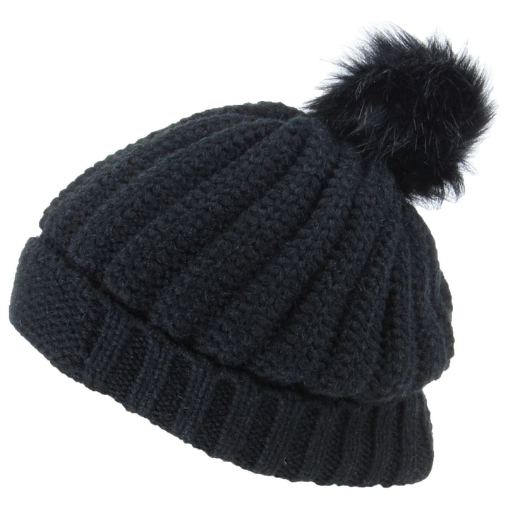 Chunky Knit Beanie Hat with Thick Fleece Lining and Faux Fur Bobble - Black
