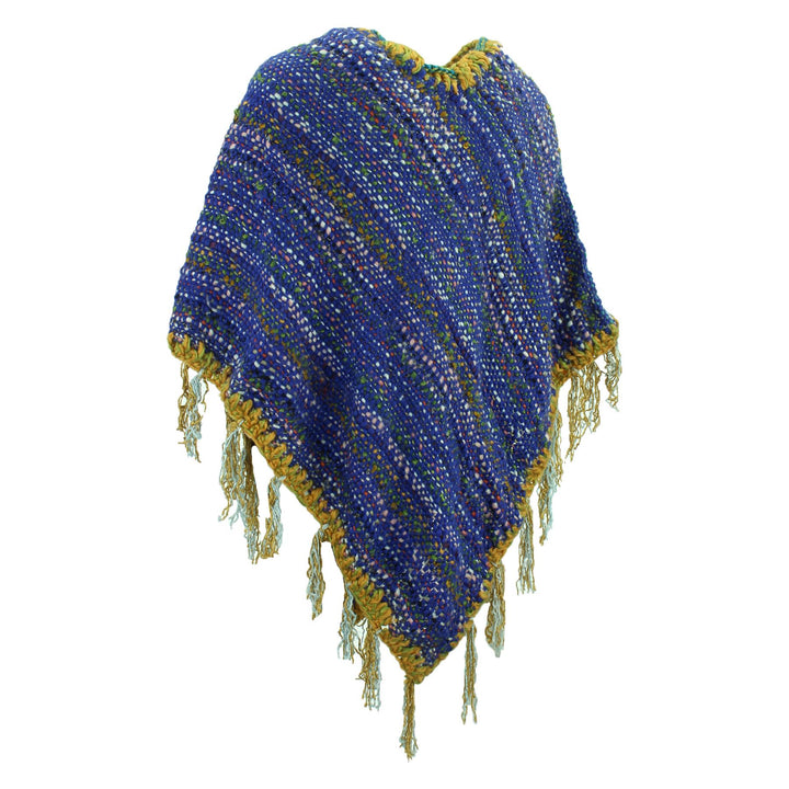 Stripe Crochet Poncho Long - Blue