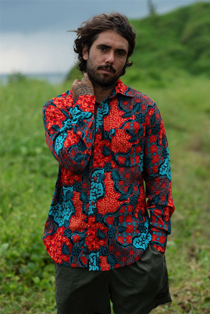 Regular Fit Long Sleeve Shirt - Coral Batik Mosaic