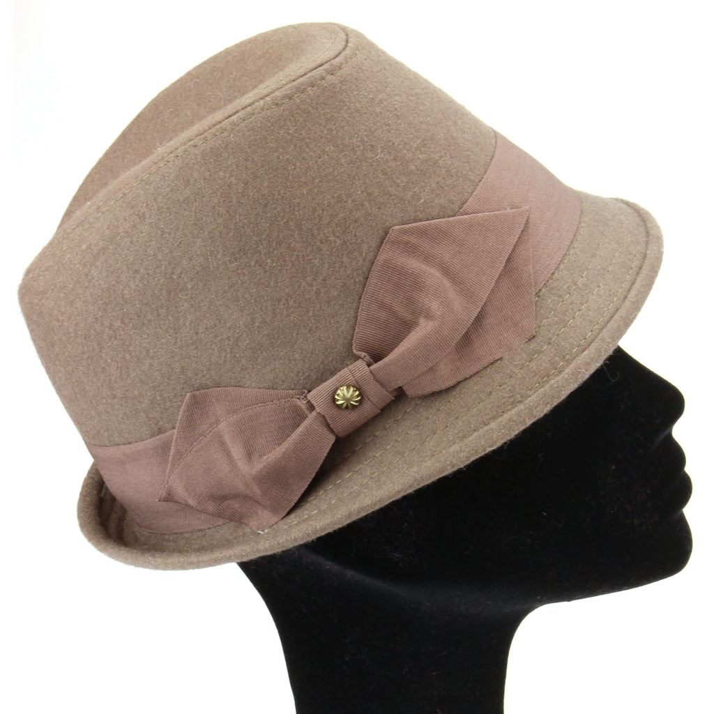 Wool trilby hat with short brim and large side bow - Brown (57cm)