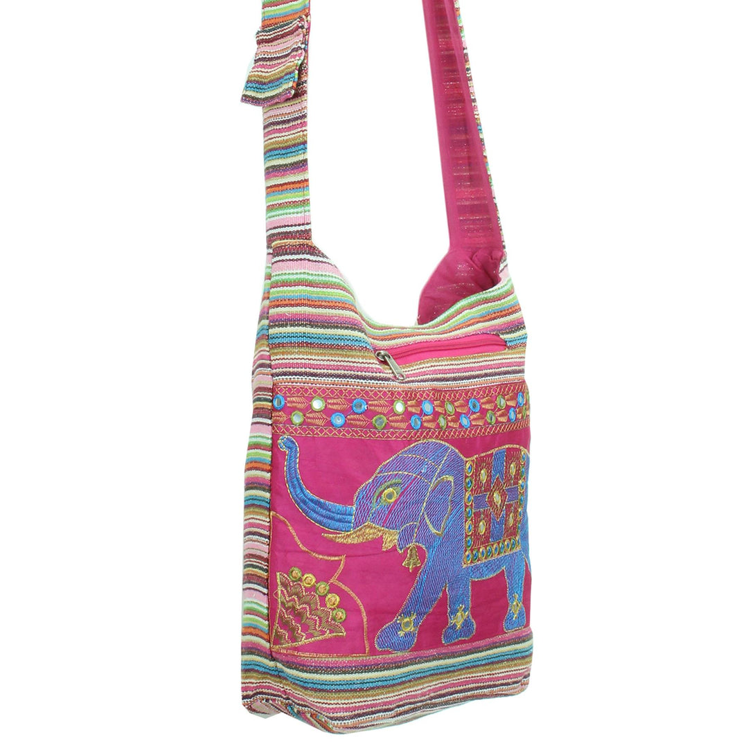 Embroidered Elephant Canvas Sling Shoulder Bag - Pink