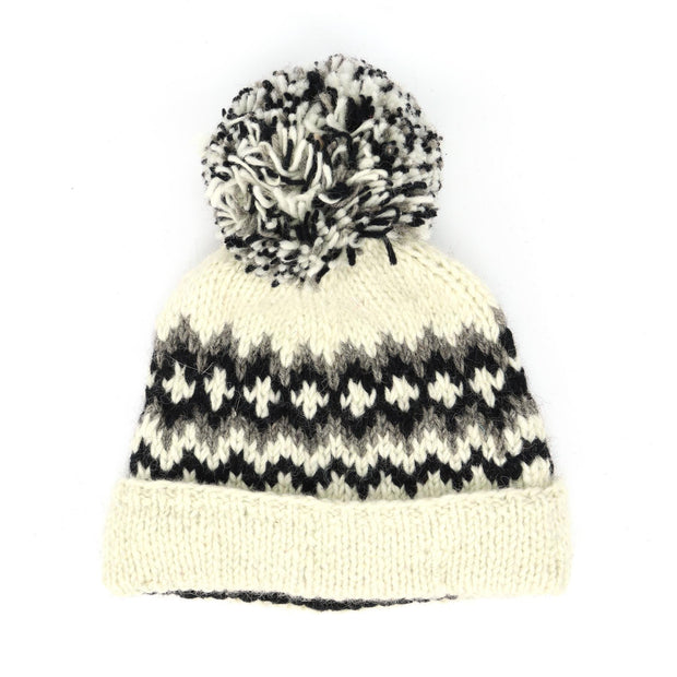 Hand Knitted Wool Beanie Bobble Hat - Fairisle Black