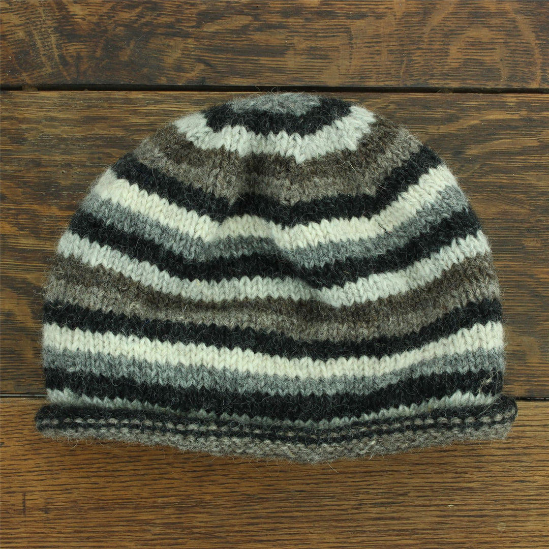 Hand Knitted Wool Beanie Hat - Stripe Natural