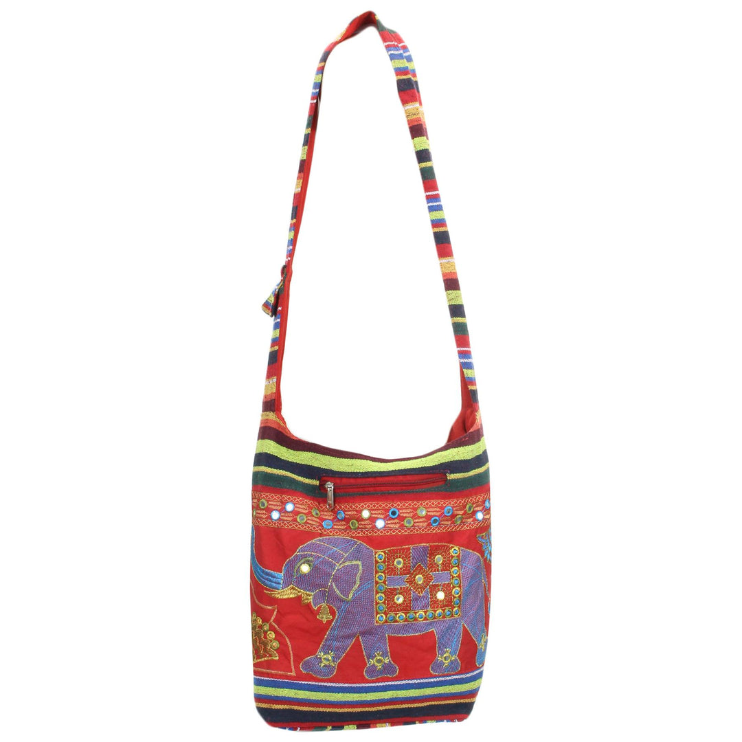 Embroidered Elephant Canvas Sling Shoulder Bag - Red
